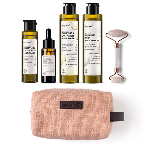 Brillare Salicylic Acid Face Wash and Face Serum and Body Wash and Body Lotion With Jade Roller and Pink Pouch